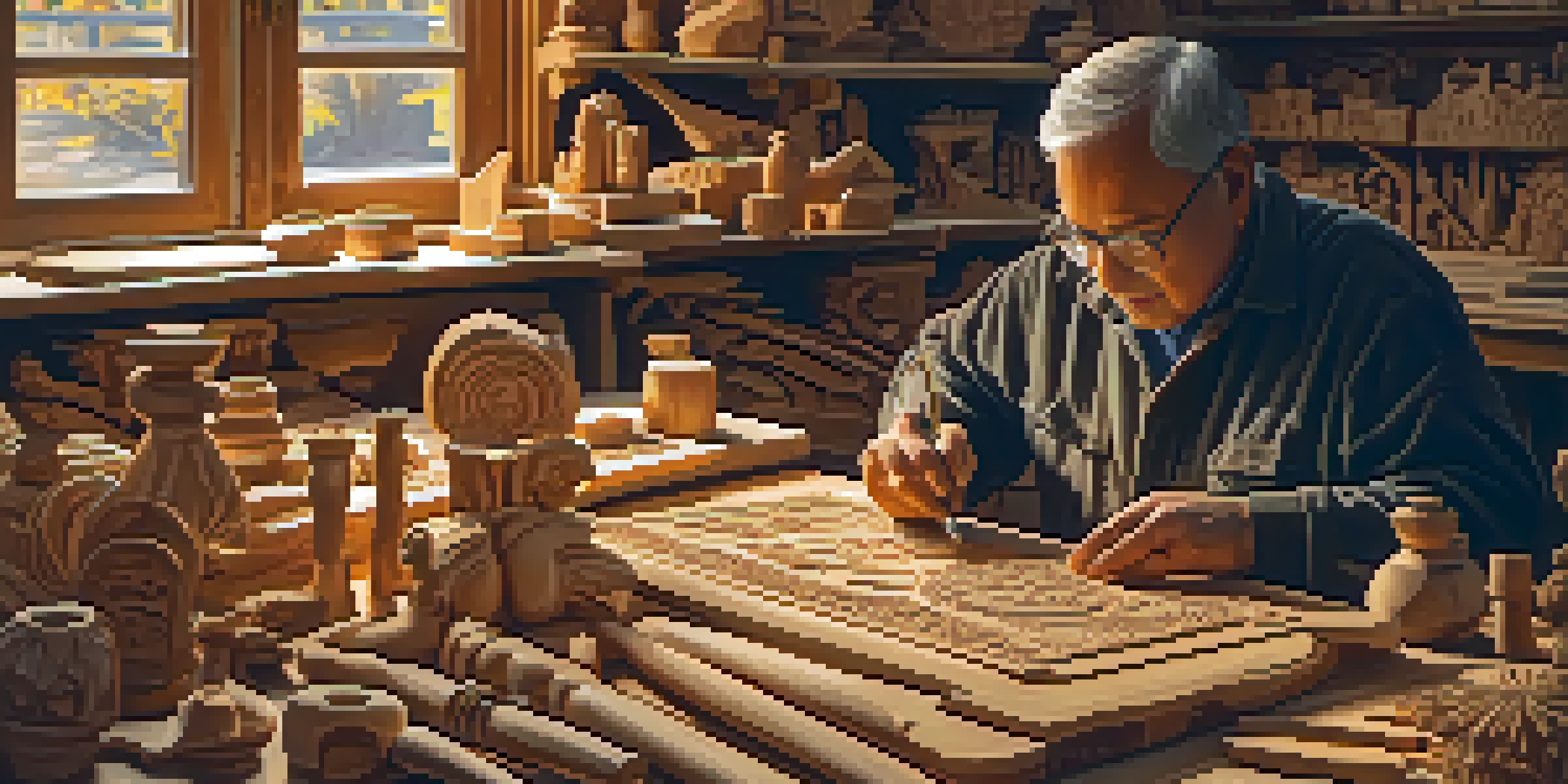 An artisan working on a wooden sculpture in a warmly lit workshop, with tools and wooden shavings visible.