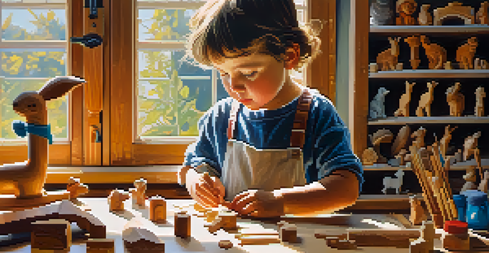 A child engaged in wood carving, working on a small wooden animal figure at a well-lit workbench, surrounded by tools and wood shavings.