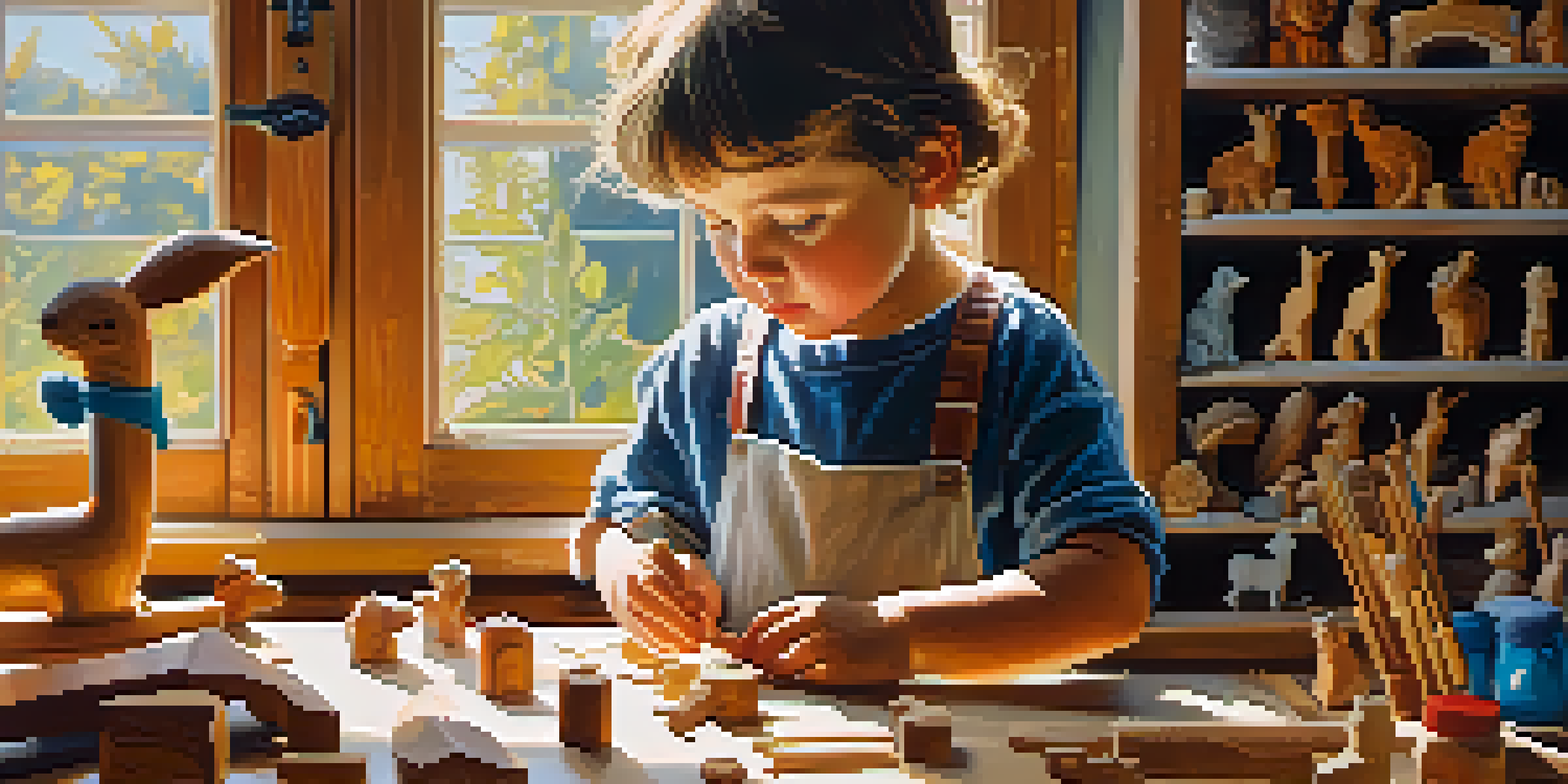 A child engaged in wood carving, working on a small wooden animal figure at a well-lit workbench, surrounded by tools and wood shavings.