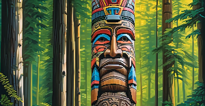 A tall wooden totem pole with colorful carvings of ancestral figures, set in a green forest with sunlight shining through the leaves.
