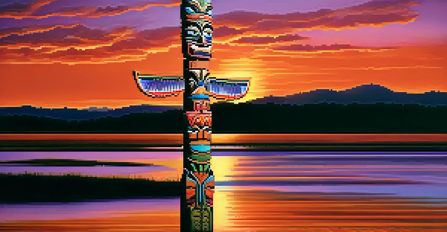 A beautifully carved totem pole against a stunning sunset, showcasing intricate designs and vibrant colors.