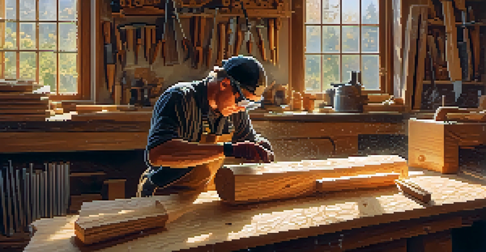 A woodworker wearing safety gear, carving wood with tools in a bright workshop, with wood shavings around and sunlight streaming in.