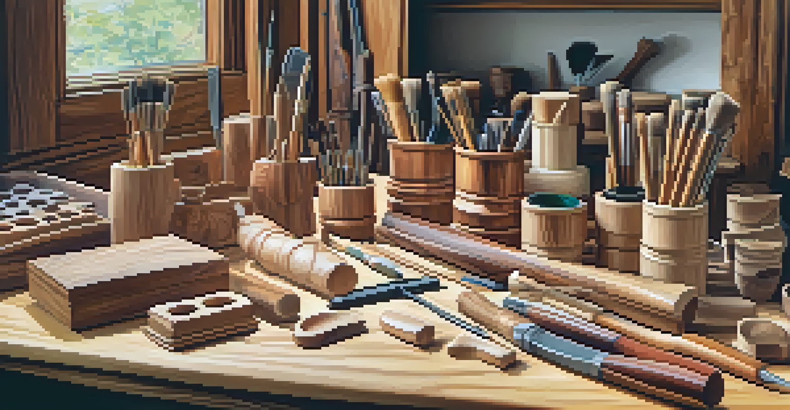 An artist's workspace with different types of wood for carving, tools, and finished pieces, all under soft lighting.