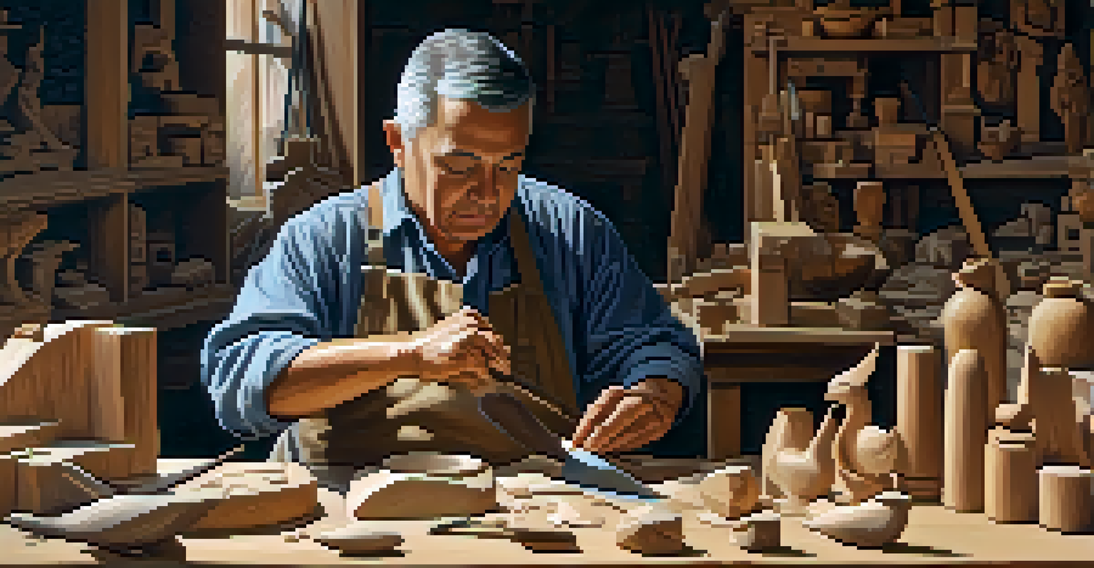 A carver creating a wooden dove, surrounded by tools and wood shavings in a softly lit workshop.