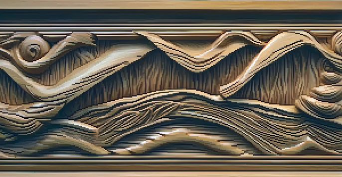 A close-up view of a wooden carving featuring a serene landscape with detailed textures and natural lighting.