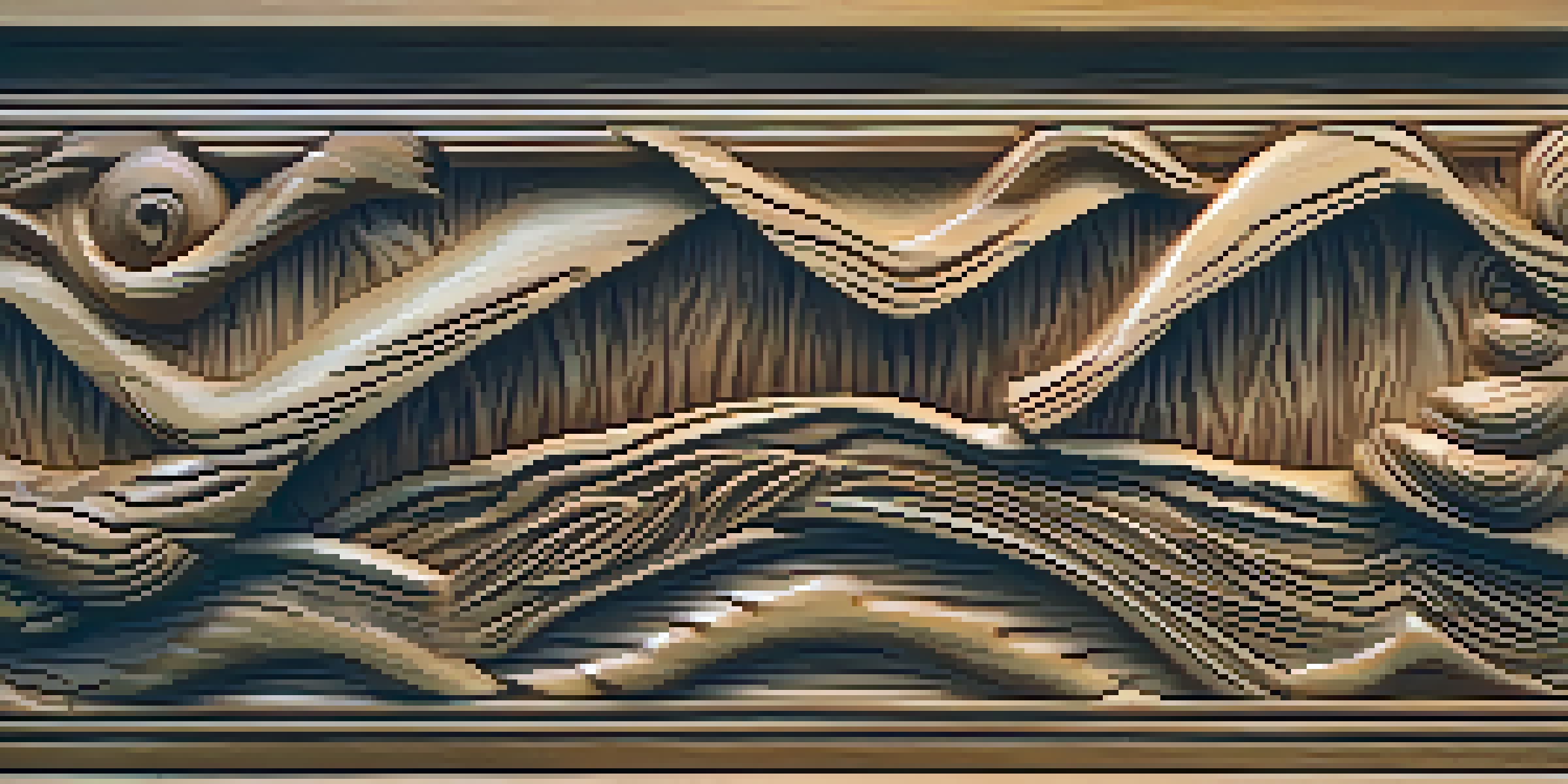 A close-up view of a wooden carving featuring a serene landscape with detailed textures and natural lighting.