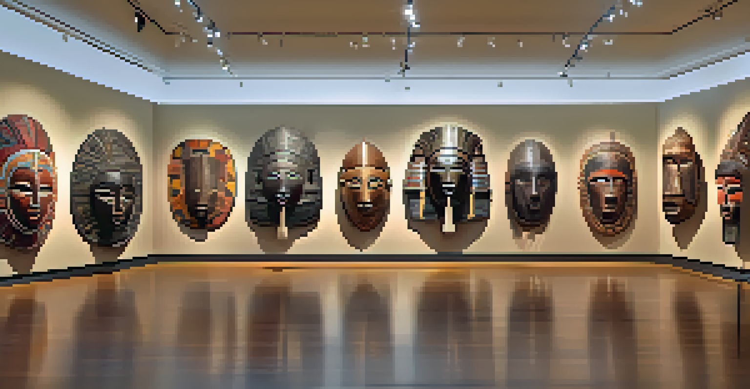 An exhibition of carved African masks in a museum, illuminated by soft spotlights, with informative plaques in the background.