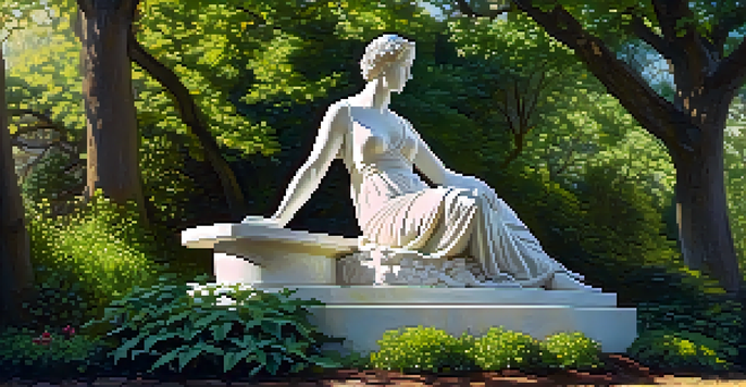 An outdoor sculpture garden with a marble statue, surrounded by greenery and flowers, with sunlight filtering through the trees.