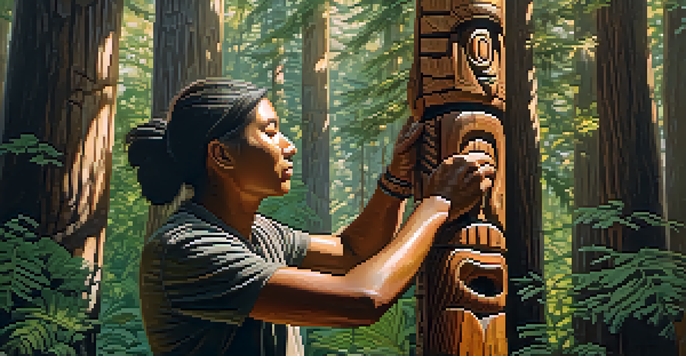 A Native artisan carving a wooden totem pole in a forest, with intricate designs and warm sunlight filtering through the trees.