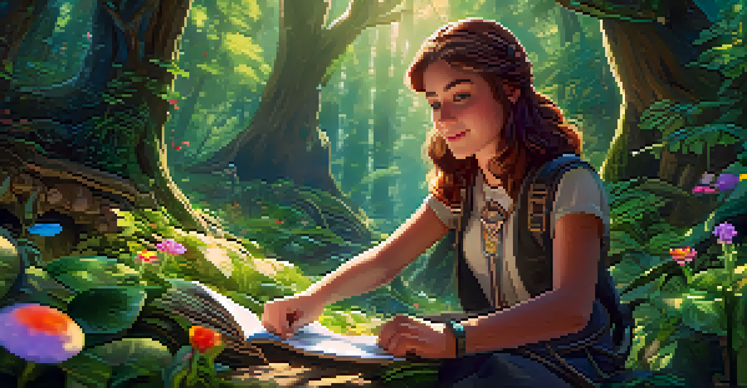 A character crafting in a detailed forest environment with vibrant foliage and sunlight filtering through trees.