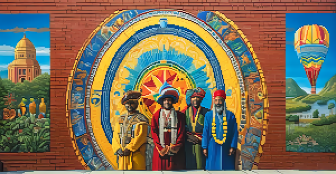 A colorful community mural on a brick wall, illustrating cultural symbols and local history with vibrant colors and intricate details.