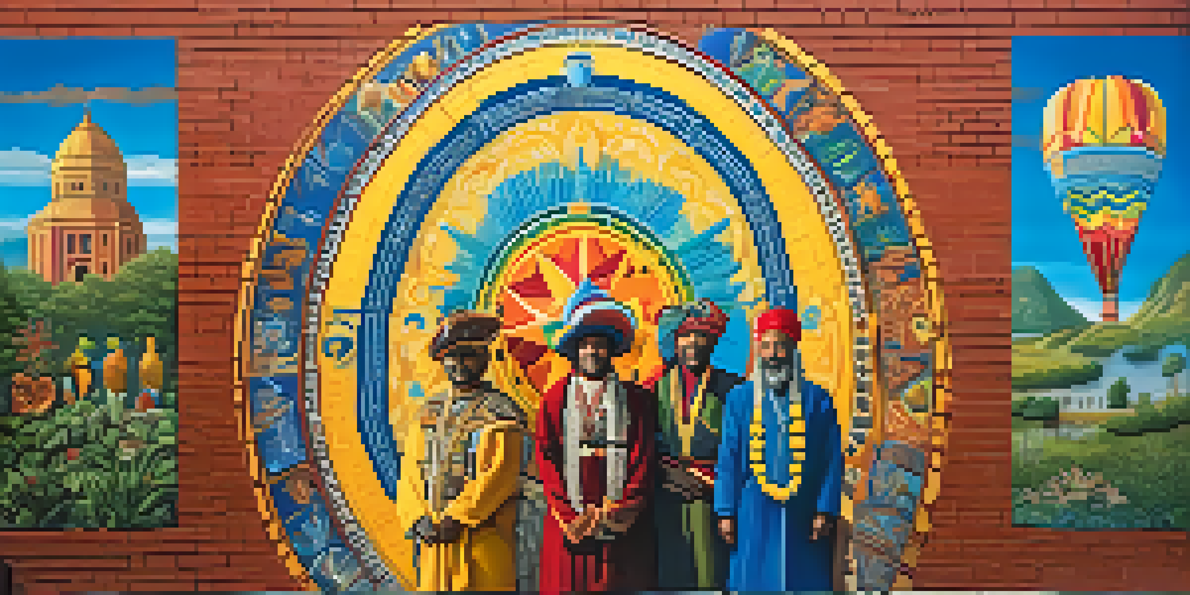 A colorful community mural on a brick wall, illustrating cultural symbols and local history with vibrant colors and intricate details.