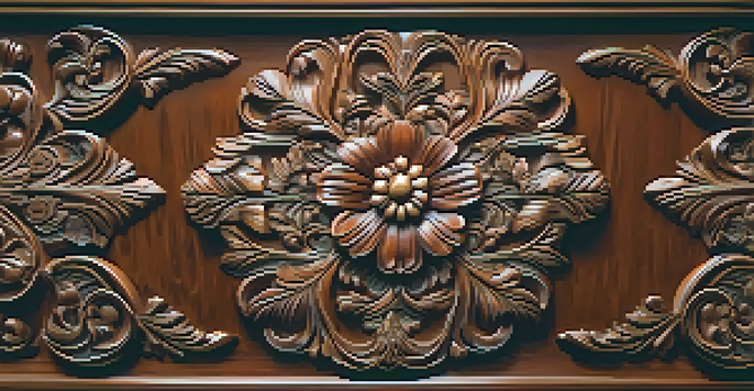 Close-up view of a beautifully carved wooden table with floral patterns, illuminated by warm lighting.