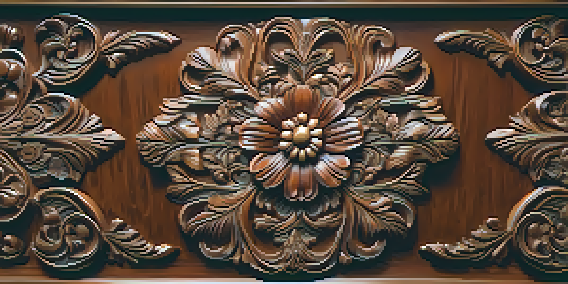 Close-up view of a beautifully carved wooden table with floral patterns, illuminated by warm lighting.
