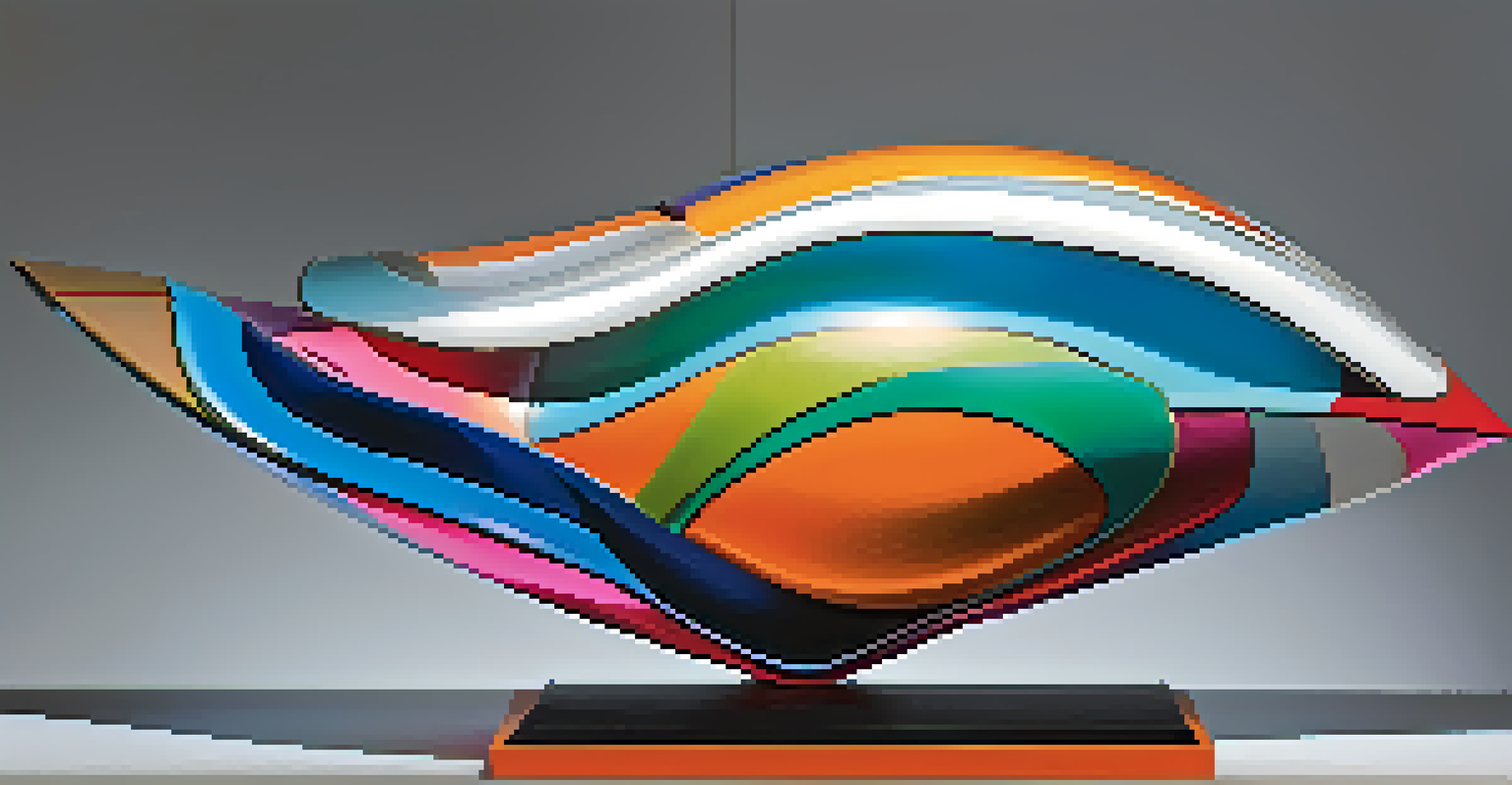A futuristic abstract sculpture made from recycled materials, featuring vibrant colors and soft LED lighting highlighting its curves and angles.