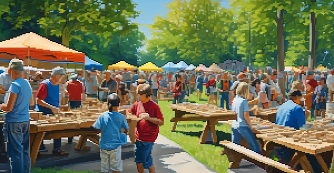 A lively scene of a community wood carving event in a sunny park, with people of all ages engaged in carving activities and enjoying food stalls.