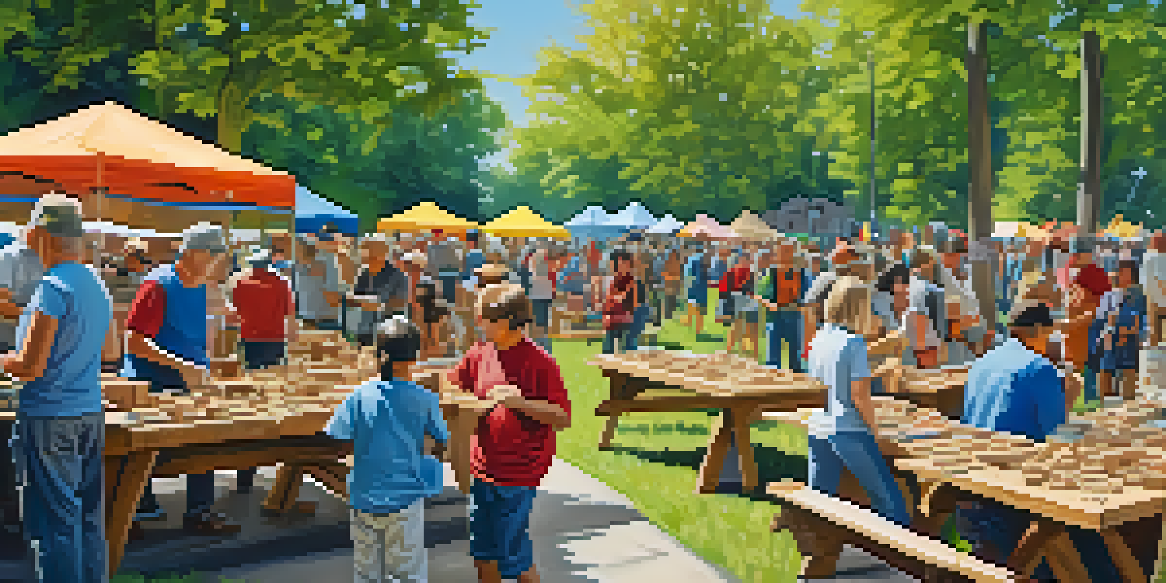 A lively scene of a community wood carving event in a sunny park, with people of all ages engaged in carving activities and enjoying food stalls.