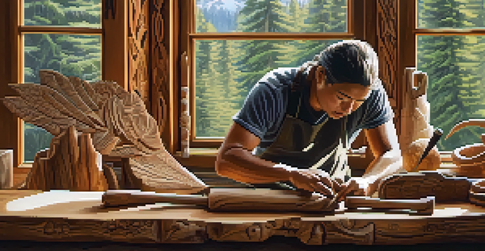 A carver in the Pacific Northwest crafting intricate designs from cedar wood, with tools around and natural light illuminating the workspace.