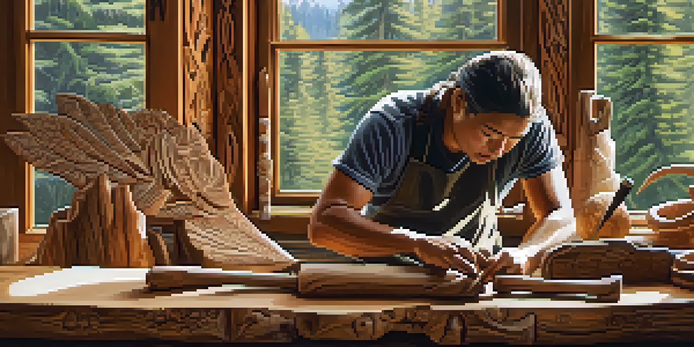 A carver in the Pacific Northwest crafting intricate designs from cedar wood, with tools around and natural light illuminating the workspace.