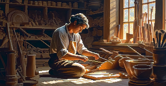 An artisan concentrates on carving a wooden musical instrument in a well-lit workshop, surrounded by tools and wood shavings.