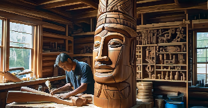 An Indigenous carver diligently shaping a wooden totem pole in a bright workshop, surrounded by tools and wood shavings.