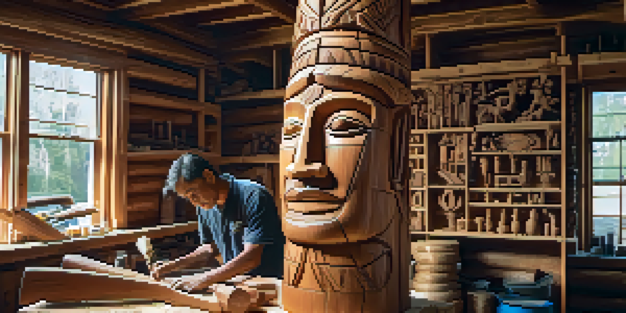 An Indigenous carver diligently shaping a wooden totem pole in a bright workshop, surrounded by tools and wood shavings.