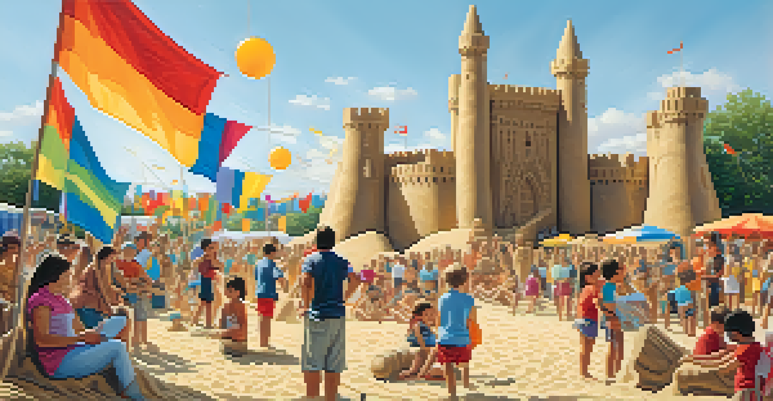A community sand sculpture festival with artists creating a sand castle and spectators watching.