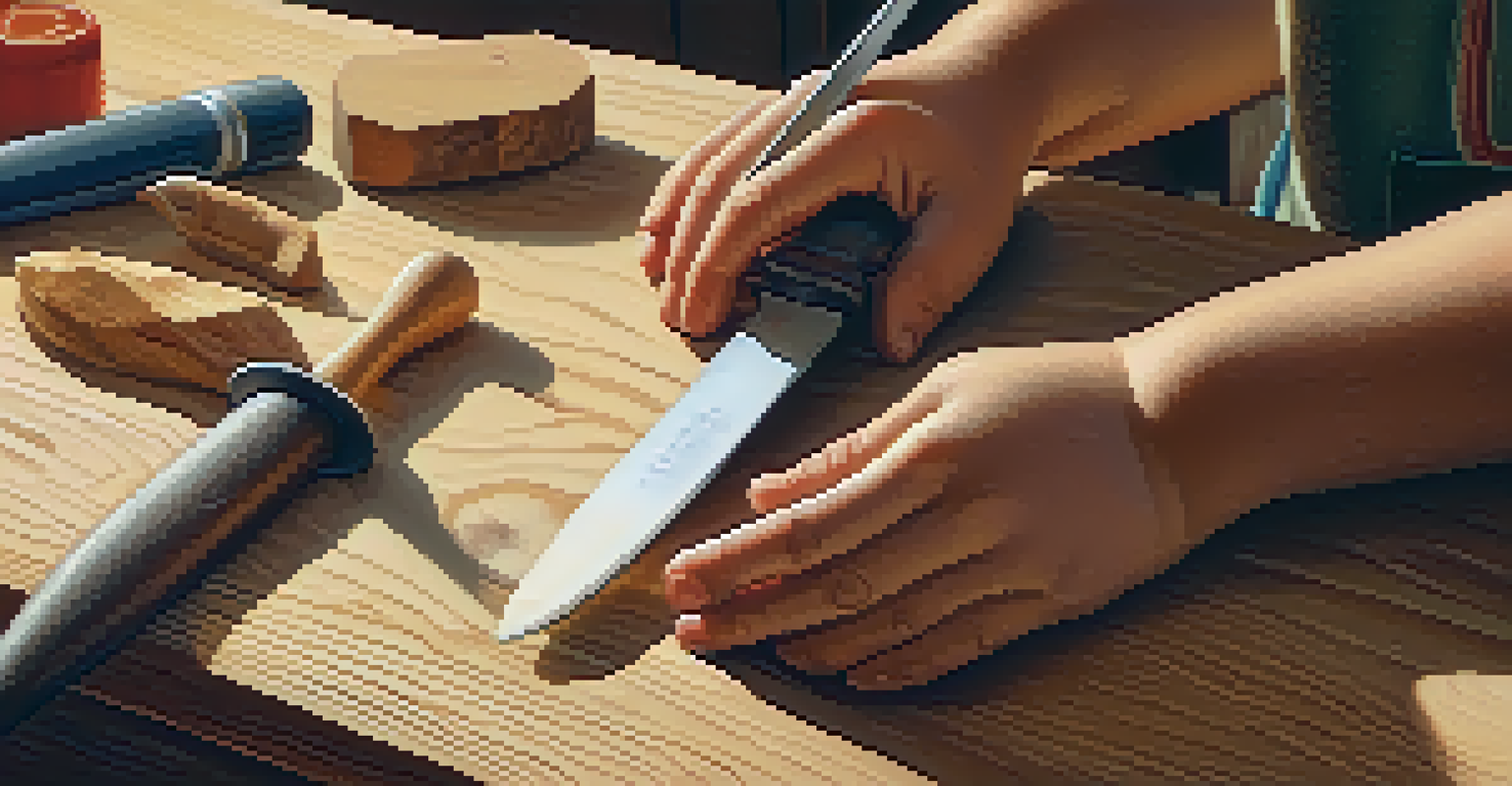 Close-up of a child's hands using a safety carving knife on soft pine wood, with tools and finished projects in the background.