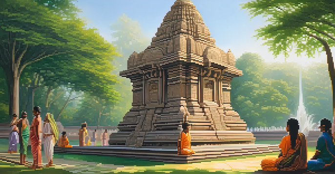 A Hindu temple with detailed carvings illuminated by sunlight, surrounded by greenery and flowers, with worshippers engaged in contemplation.