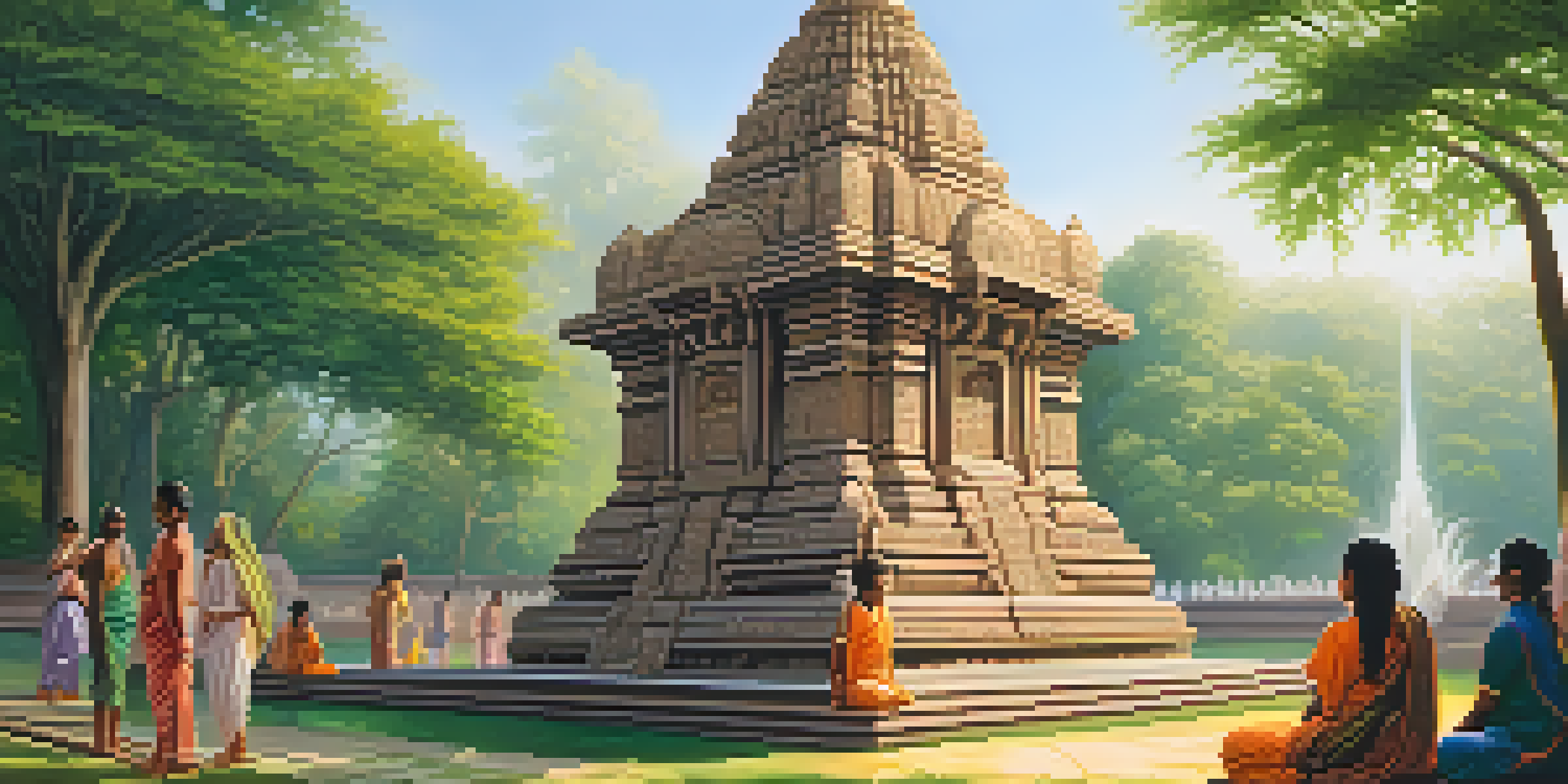 A Hindu temple with detailed carvings illuminated by sunlight, surrounded by greenery and flowers, with worshippers engaged in contemplation.
