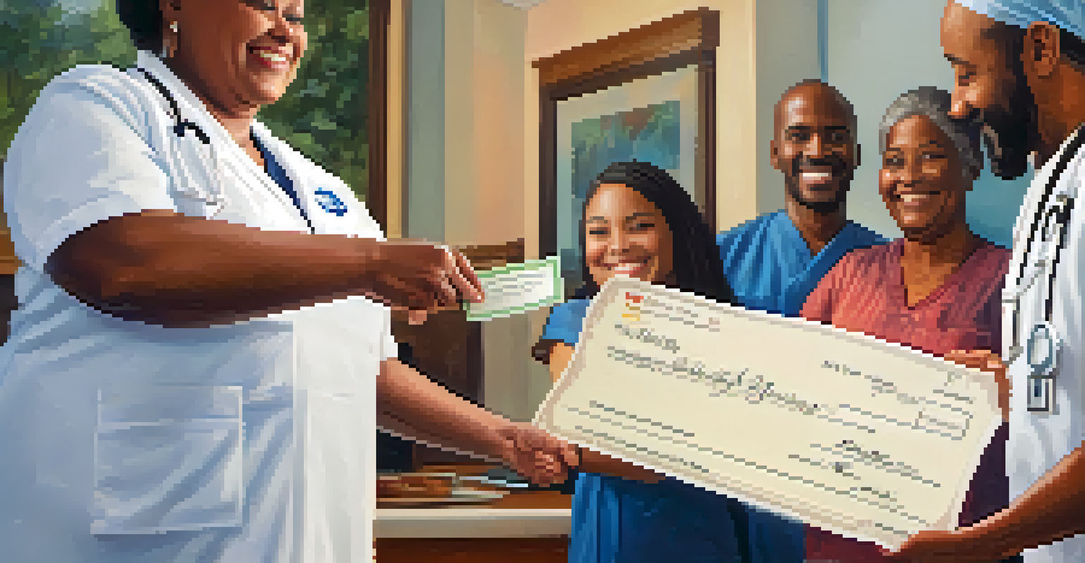 Close-up of hands exchanging a carved donation check with a healthcare provider and community member in the background.