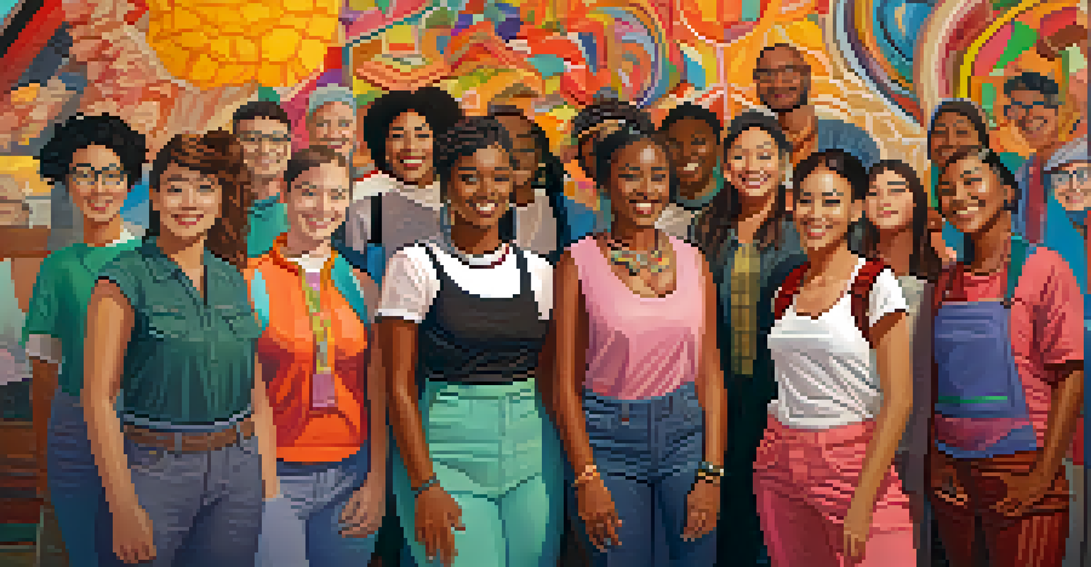 Group portrait of diverse female and non-binary artists in front of their collaborative art piece, smiling and showcasing their creativity, with a banner that reads 'Innovation Through Diversity'.