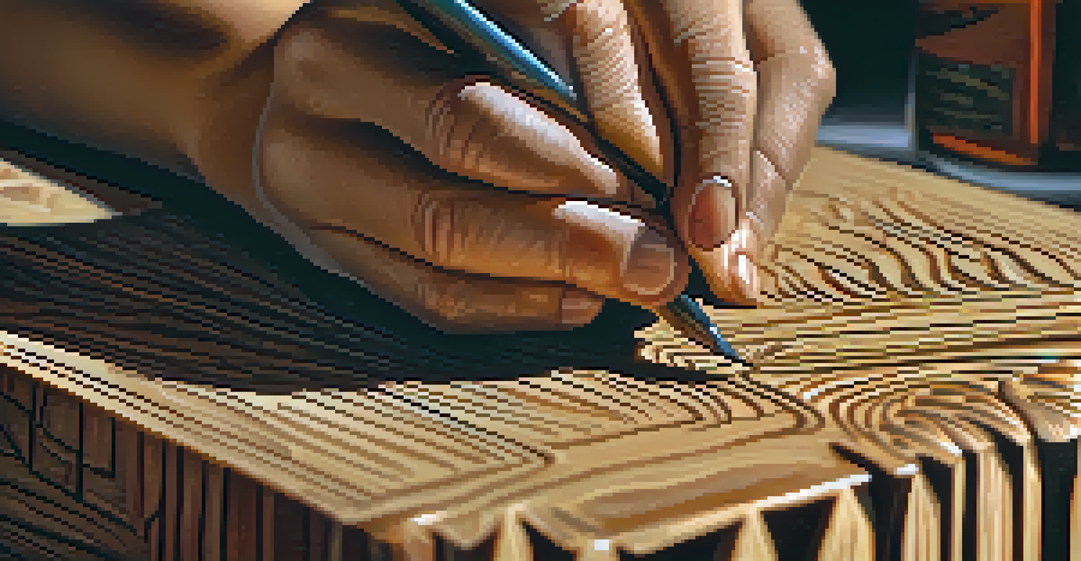 Close-up of a young artist's hands carving intricate patterns into a wooden block with tools.