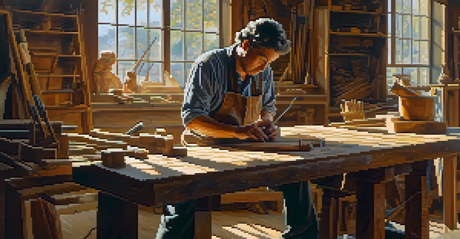 An artisan carving a wooden sculpture in a sunlit workshop, with various tools and wood shavings around.