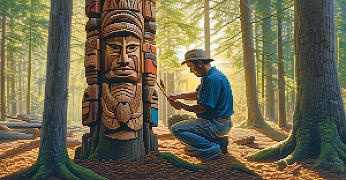 An artisan carefully carving a totem pole in a forest, with sunlight shining through the trees and wood shavings around them.