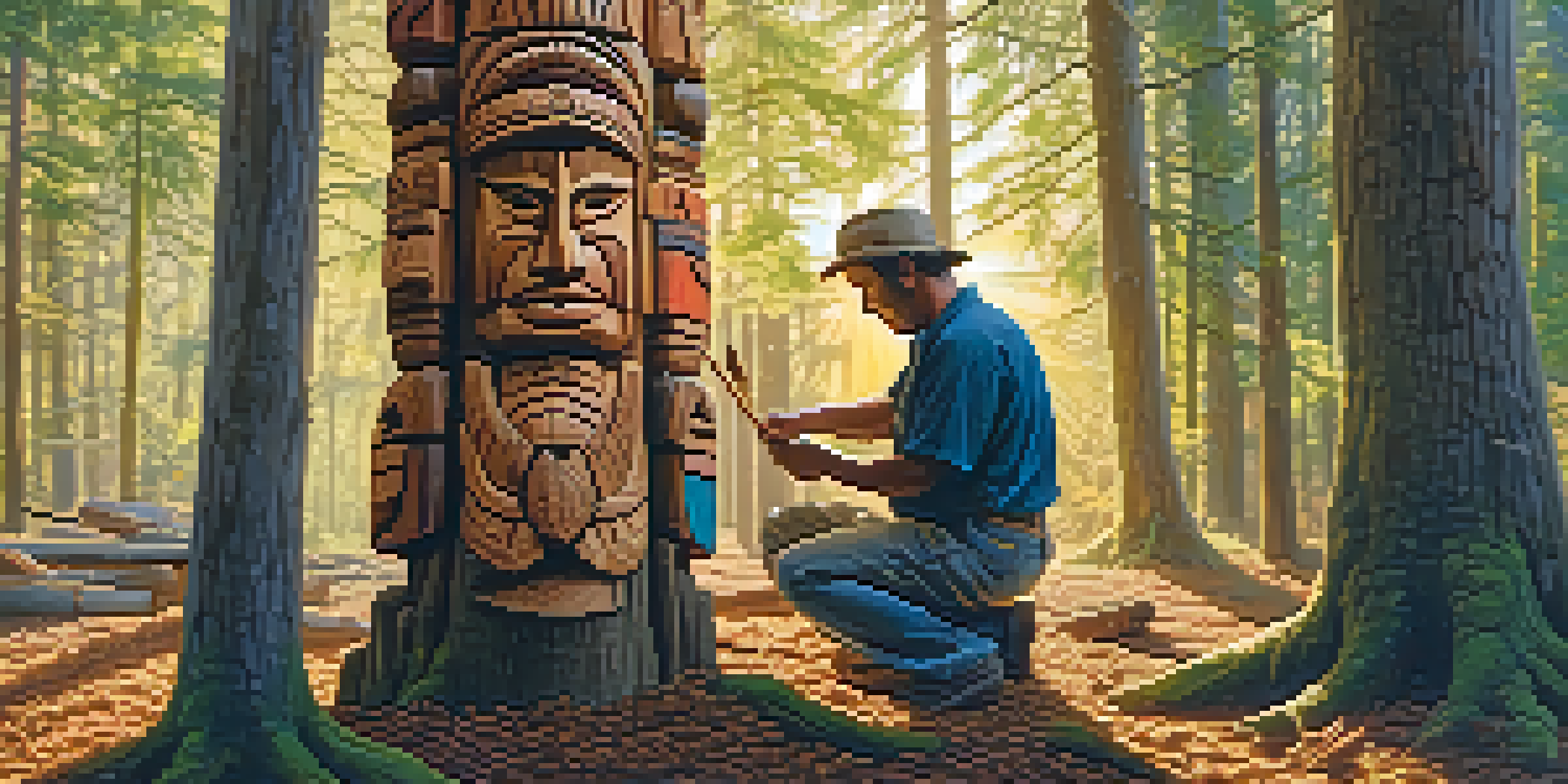 An artisan carefully carving a totem pole in a forest, with sunlight shining through the trees and wood shavings around them.