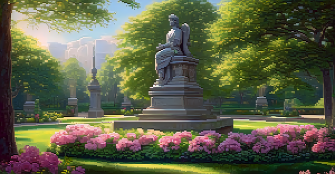 A grand stone statue with intricate floral carvings in a peaceful park surrounded by lush greenery and colorful flowers.
