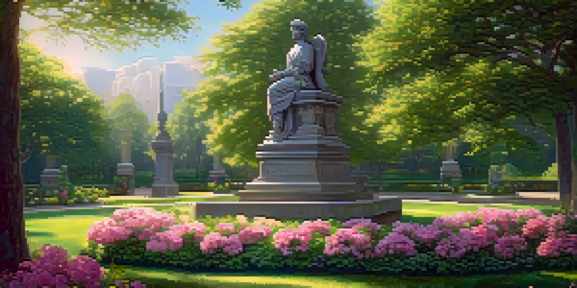 A grand stone statue with intricate floral carvings in a peaceful park surrounded by lush greenery and colorful flowers.