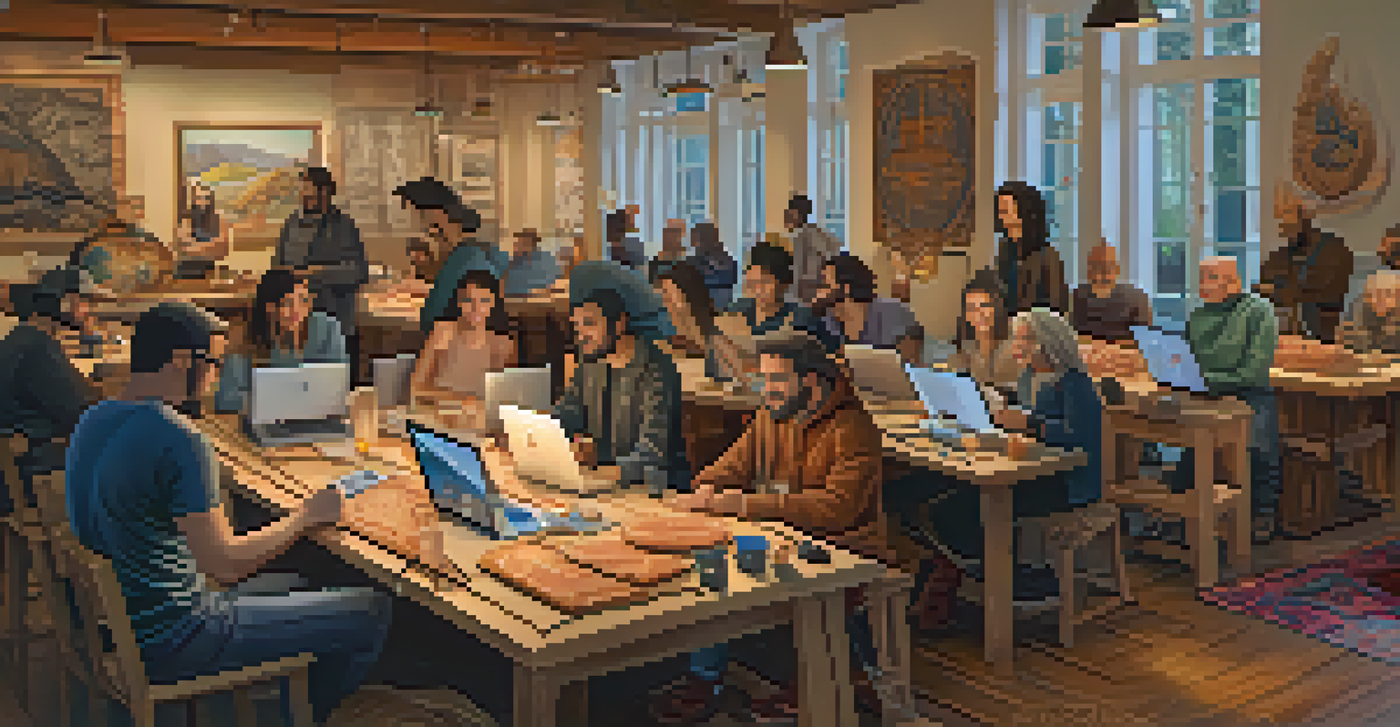 A vibrant online community of carving enthusiasts sharing their work and tips in a cozy setting.
