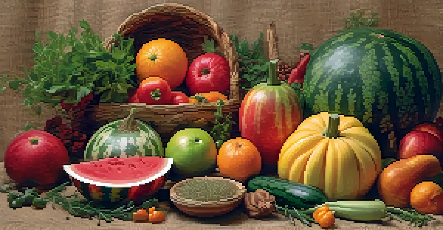 A colorful display of carved fruits and vegetables on burlap, featuring a watermelon with a floral design and fresh herbs.
