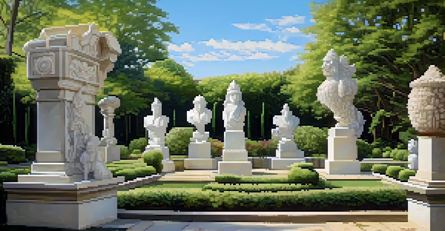 An outdoor stone sculpture garden with various finished sculptures surrounded by greenery and blue sky.