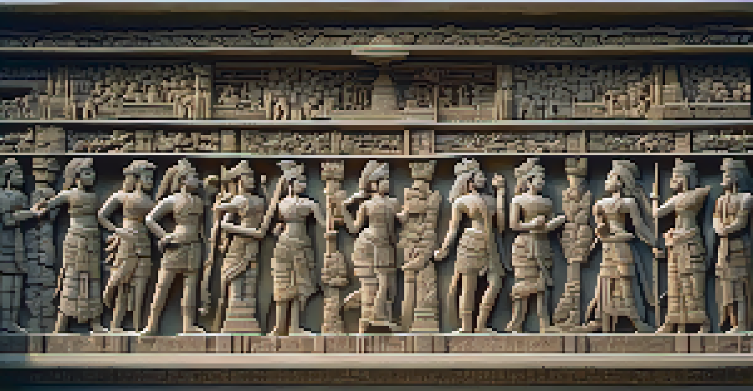An ancient stone carving depicting mythological scenes, illuminated by sunlight with shadows highlighting its details.