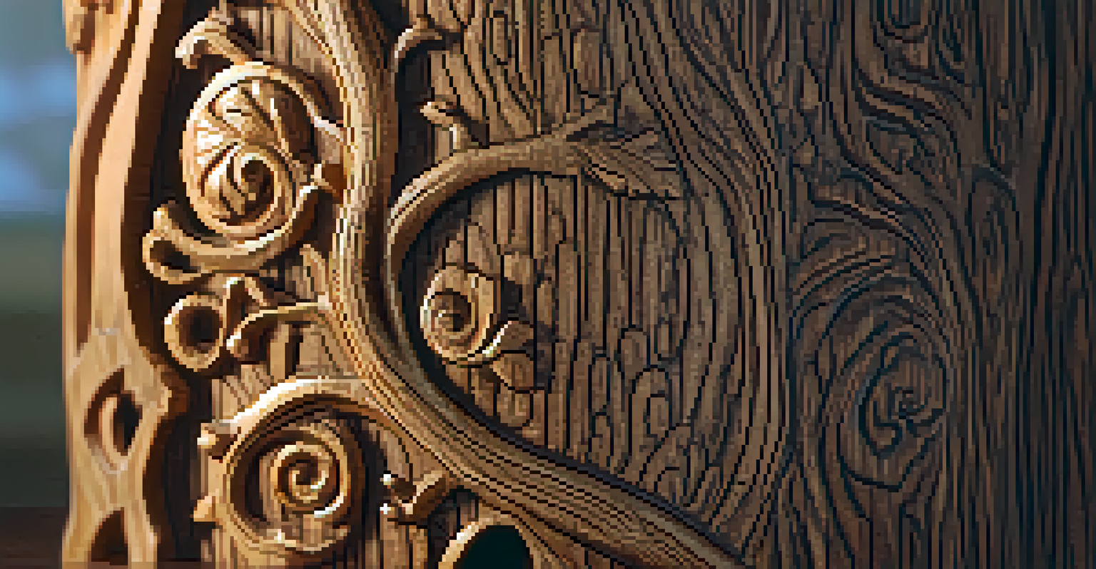 A close-up of an intricately carved tree trunk showcasing detailed textures and symbols.