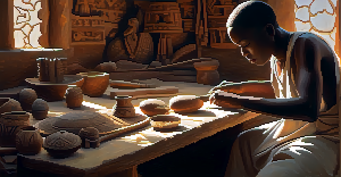 An African artisan carving wood in a workshop surrounded by various carved artifacts, showcasing cultural heritage.