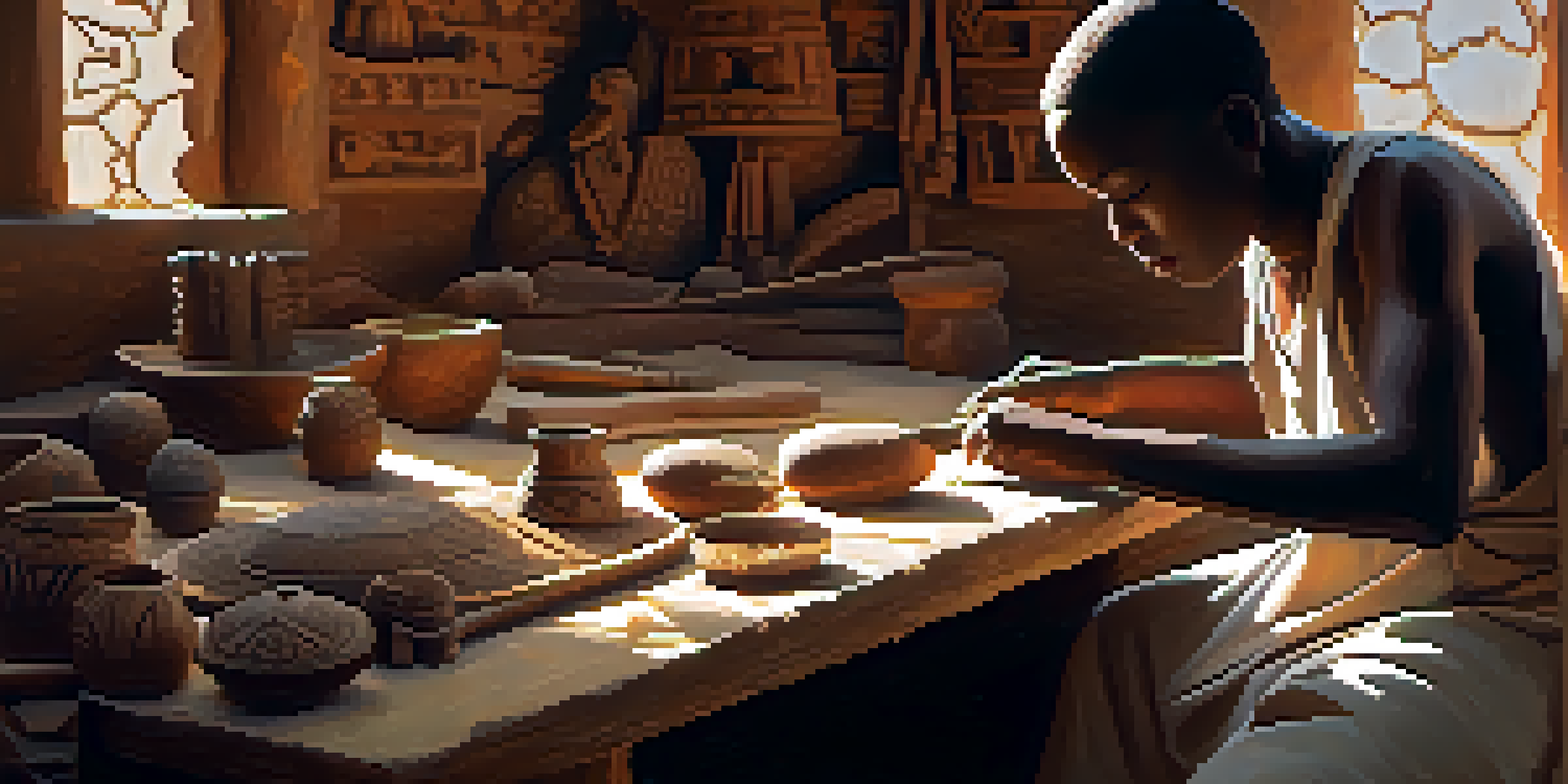 An African artisan carving wood in a workshop surrounded by various carved artifacts, showcasing cultural heritage.