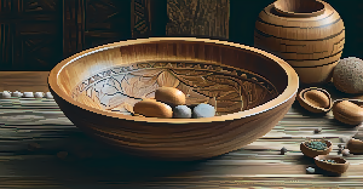 A beautifully carved wooden bowl on a rustic table surrounded by natural elements.