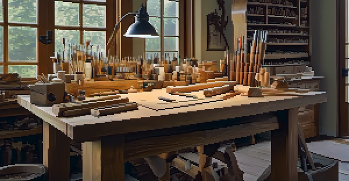 A bright and organized wood carving workspace with tools and wood pieces arranged on a sturdy table.