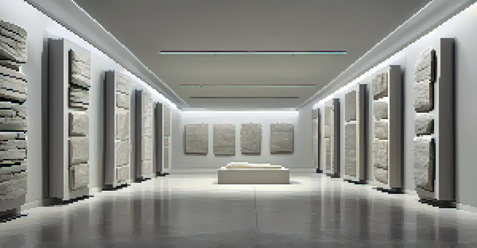 A conceptual art installation with carved stone blocks arranged in a gallery, highlighted by dramatic overhead lighting.