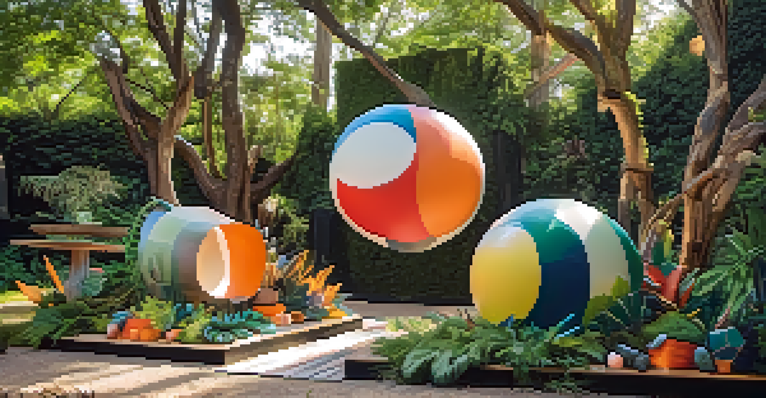 A colorful outdoor installation of mixed media carvings made from reclaimed materials and synthetic elements in a green setting.