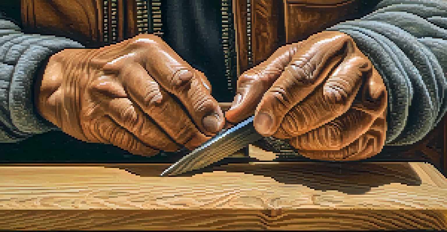 A close-up of hands carving wood, highlighting the tools and detailed wood grain.